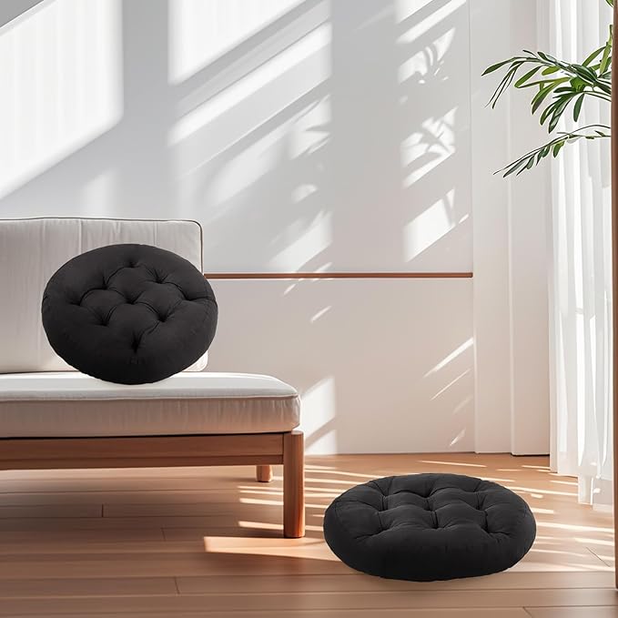 Meditation Floor Pillow, Round Floor Cushions for Adults, Button Tufted Seat Cushions for Yoga Tatami Living Room, Black, 22 x 22 x 4 in