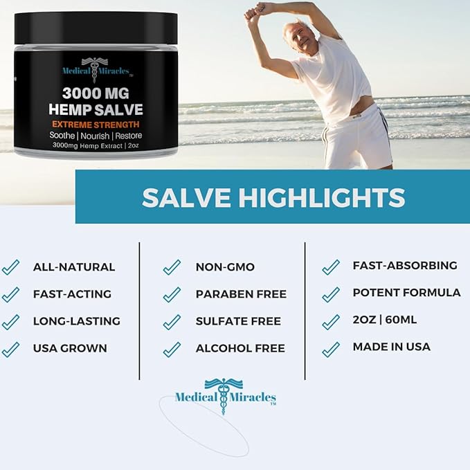 Medical Miracles Hemp 3000 Mg Extreme Strength Hemp Salve : Ideal for HIPS, Joints, Neck, Back, Elbows, Fingers, Hands, and Knees Made in USA