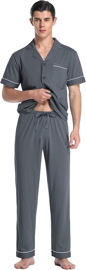 COLORFULLEAF Men's 100% Cotton Pajamas Set Button Down Sleepwear Short Sleeve and Long Pants Pjs