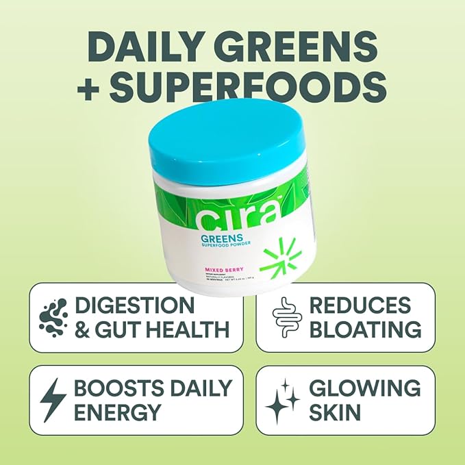 Cira Daily Greens - Naturally Sweetened, Organic Spirulina Superfood Powder with Premium, Antioxidant-Rich Ingredients for Debloating, Digestion, & Energy - Mixed Berry, 30 Servings
