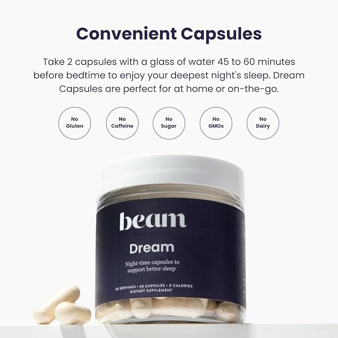 Beam Dream Sleep Capsules, L-Theanine, Apigenin, Reishi and Magnesium, Third Party Tested Natural Sleep Aid & Sleep Supplement for Deep Sleep, Relaxation and Recovery, Sleep Support, 30 Servings