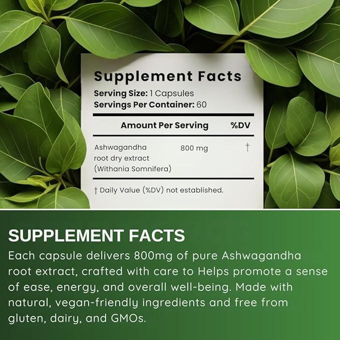 Premium Ashwagandha 800mg – High Potency Root Extract | Non-GMO, Gluten-Free – 60 Capsules