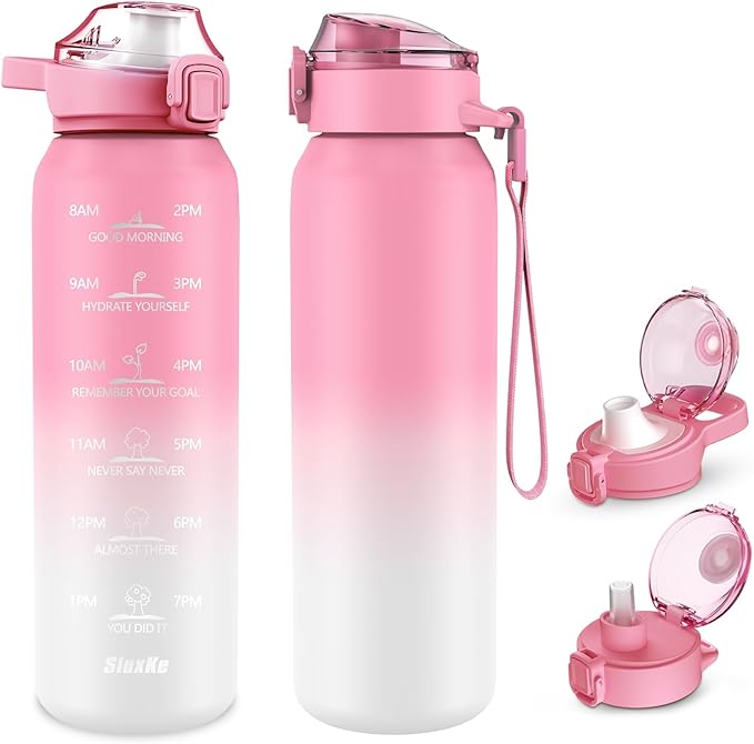 32oz Insulated water bottle with 2 Lids (Straw and Chug Lid), 18/10 Stainless Steel Water Bottle BPA Free, Double Wall Vacuum Wide Mouth Insulated Water Bottle for Men, Women & Kids PINK WHITE