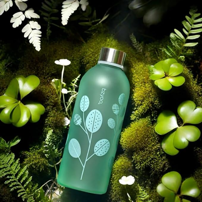 bzyoo 32oz 1 Liter Clear Water Bottle with Time Marker, Leaf Design, Durable Plastic, BPA-Free, Reusable with Measurement Markings for Fitness and Outdoor Activities (Color: Green)