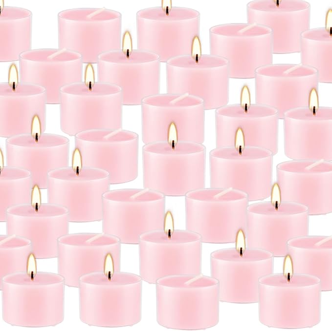 Rose Scented Candle Tealight Candles in Clear Cup, 8 Hours Consistent Smkless Clean Burning, Great for Holiday, Wedding, Spa, Emergency and Home Decoration(Pink,50 Pack)