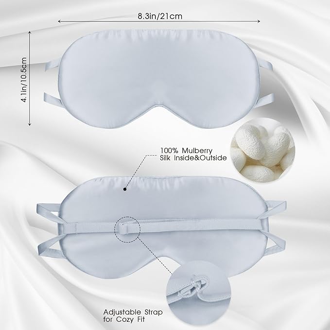 Silk Eye Mask for Sleep with Adjustable Strap for Women/Men/Adults Large 100% Mulberry Silk Sleeping Mask for Travel/Plane/Side Sleeper,Light Blue