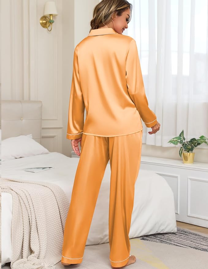 Veseacky Womens Satin Pajama Set Silk Pjs Button Down Long Sleeve Sleepwear Loungewear Sleepwear 2 Piece Pjs Set S-XXL