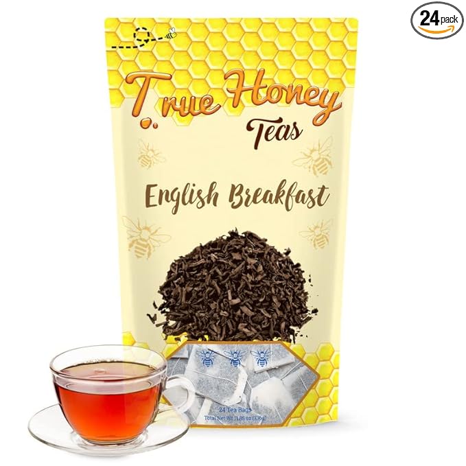 True Honey English Breakfast Tea Bags - Honey Crystals Blended in Every Sachet - Strong Antioxidant Support - All Natural Organic Herbal Caffeinated Free Tea Bag 24 Count