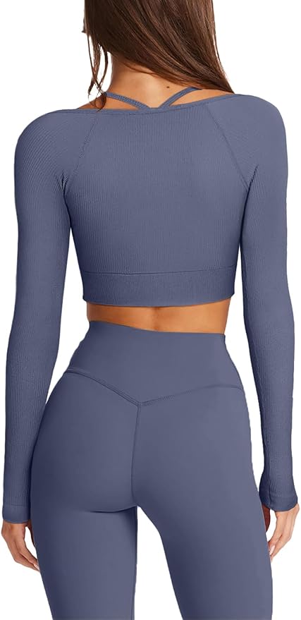 LASLULU Womens Sexy Square Neck Crop Top Ribbed Seamless Long Sleeve Workout Tops Halter Neck Athletic Yoga