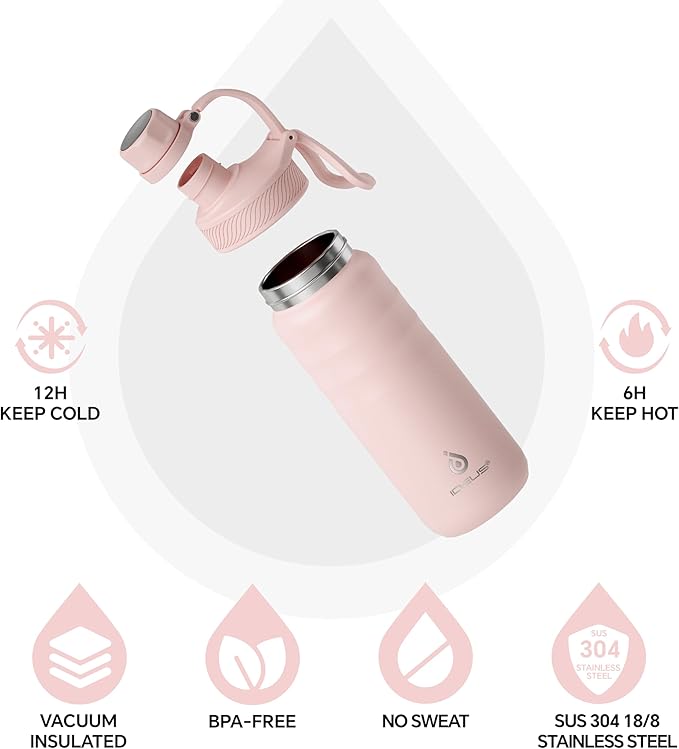 IDEUS Insulated Stainless Steel Water Bottle with 2 Leak-Proof Lids, Thermal Water Flask for Hiking Biking, 18oz, Light Pink