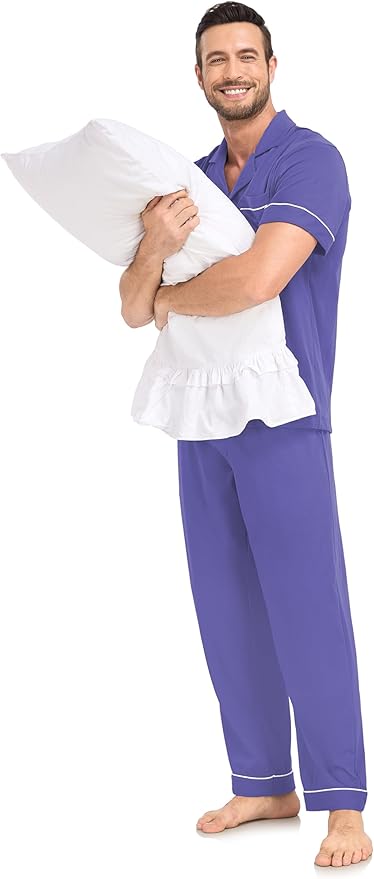 COLORFULLEAF Men's 100% Cotton Pajamas Set Button Down Sleepwear Short Sleeve and Long Pants Pjs