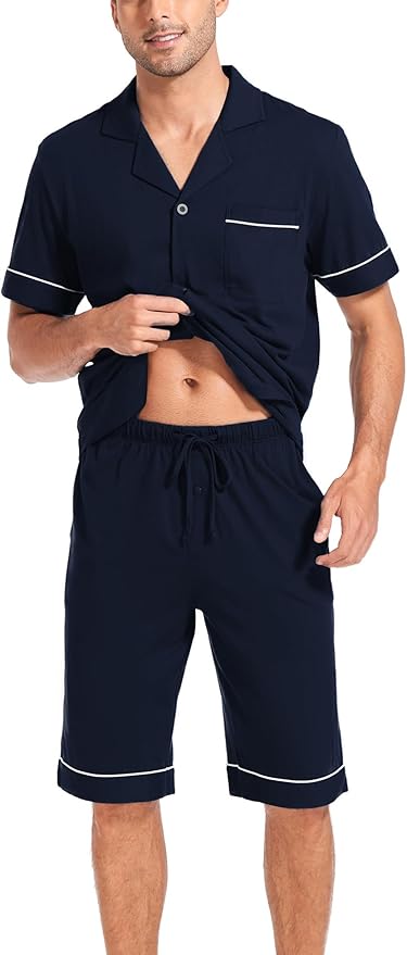 COLORFULLEAF Men's 100% Cotton Short Sleeve Pajama Sets Button Down Notched Collar Sleepwear Soft Lounge Pjs with Pockets