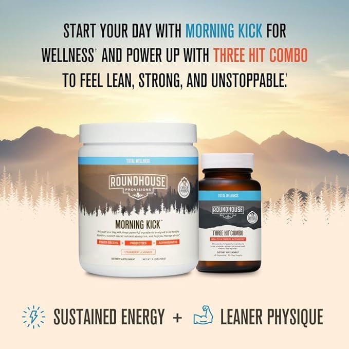 ROUNDHOUSE PROVISION Morning Kick, Zero Sugar Greens Superfood Powder Supplement with Ashwagandha, Collagen, Probiotics, Debloat Drink, (3 Pack, Strawberry Lemonade) by Chuck Norris