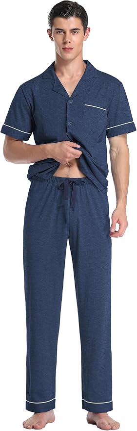 COLORFULLEAF Men's 100% Cotton Pajamas Set Button Down Sleepwear Short Sleeve and Long Pants Pjs