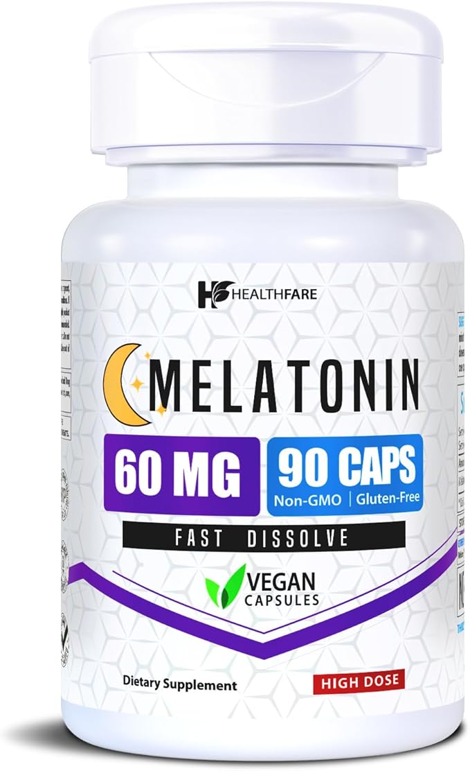Melatonin 60mg | 90 Veg Capsules | High-Strength Formula | Vegetarian, Non-GMO, Gluten-Free | Made in The USA