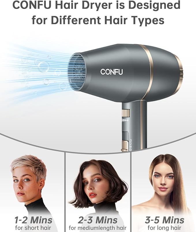 CONFU Hair Dryer, Hair Dryer with Diffuser 1875W, Negative Ionic Blow Dryer for Women & Men, Small Blow Dryer for HOM