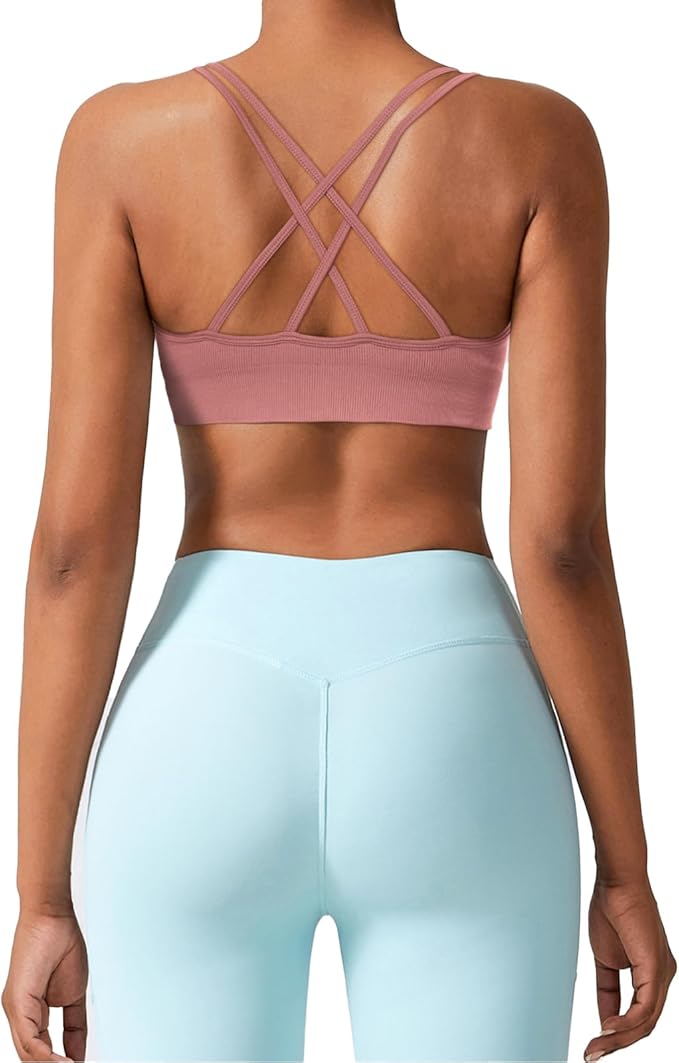 Sports Bra for Women V-Neck Strappy Criss Cross Yoga Bra Padded Medium Support Workout Gym Athletic Fitness Bras 3 Pack