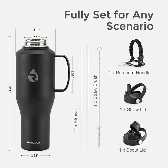 Insulated Water Bottle 40oz (Cold for 48 Hrs), Stainless Steel Water Bottle with Handle & Straw Lid & Paracord Handle, Triple Wall Vacuum Leakproof Travel Flask, Fit in Any Car Cup Holder