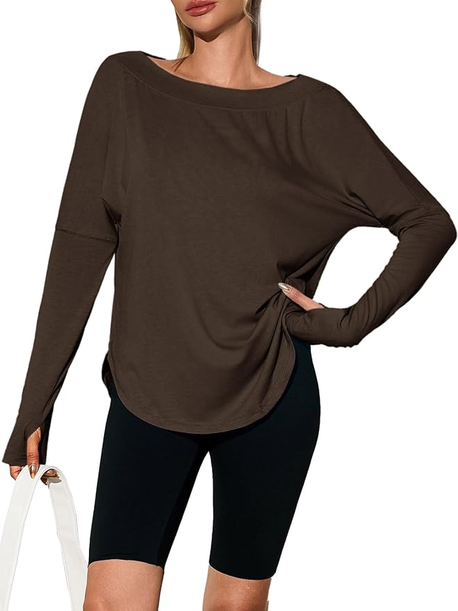 Tankaneo Womens Open Back Workout Shirts Casual Long Sleeve Boat Neck Tops Athletic Gym Yoga Tees with Thumb Holes