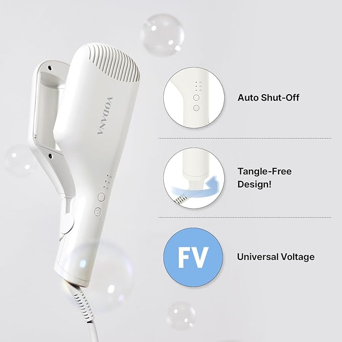 VODANA Compact Triple Flow Hair Waver - Portable Ceramic Curling Iron, Long-Lasting Beach Waves, Fast Heat-Up Double Barrel (1.5 inch, Ivory)
