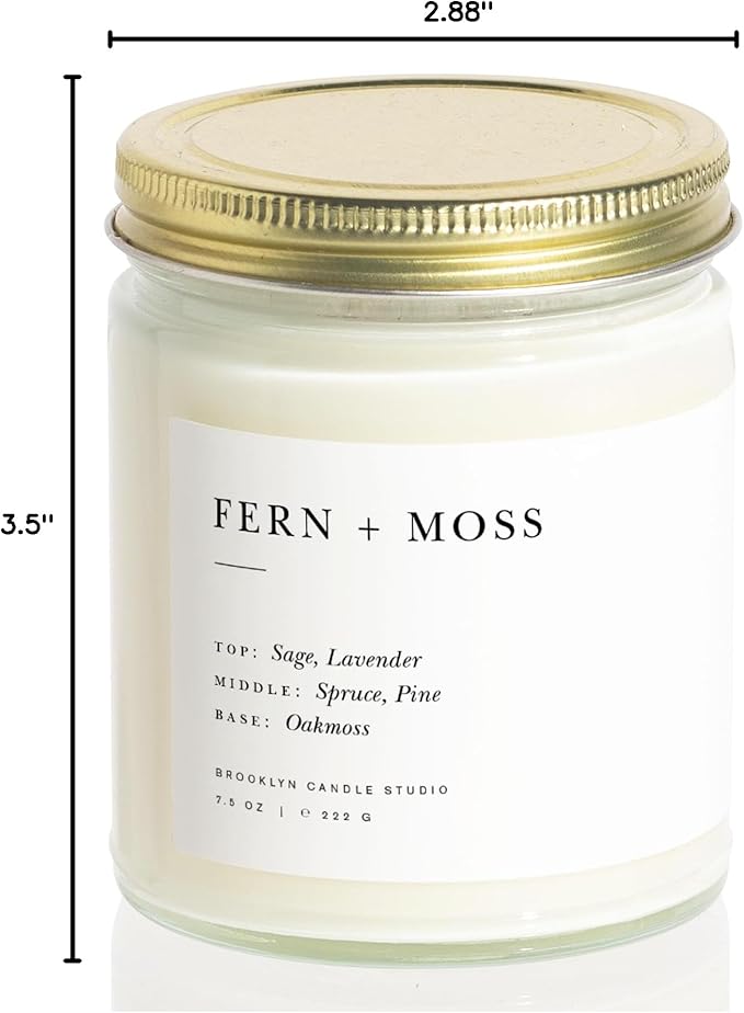 Brooklyn Candle Studio Fern & Moss Jar Candle - Luxury Scented Candle, Vegan Soy Wax, Hand Poured in The USA, 50 Hour Slow Burn Time - 7.5oz