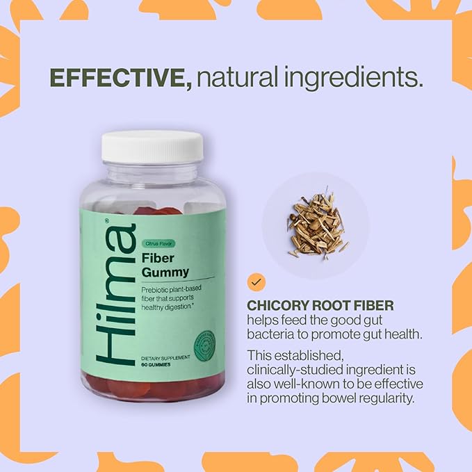 Hilma Prebiotic Fiber Gummies, Daily Fiber Supplement, Gummies for Adults, Supports Gut Health for Women and Promotes Regularity, Citrus Natural Flavor, FSA Eligible, 60 Count