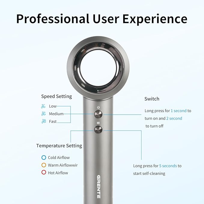 Bladeless Ionic Hair Dryer, 110,000 RPM Diffuser Hair Dryer, 300M Negative Ion, 6.5ft Cord, 3 Heat Settings & 3 Speed, with Concentrator Nozzle and Diffuser for Curly Hair, for Women Men, Grey