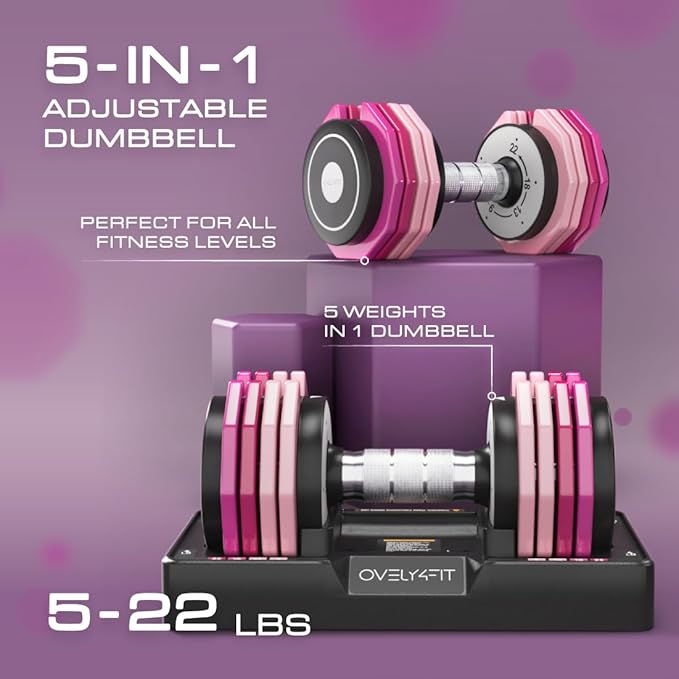 OVELY4YFIT Adjustable Dumbbell, 5-in-1 Weight Options (4.5-22.5LB), Quick 1-Second Weight Adjustment, Anti-Slip Metal Handle, Compact Design with Pink Gradient Plates, Perfect for Women & Home Gym Workouts