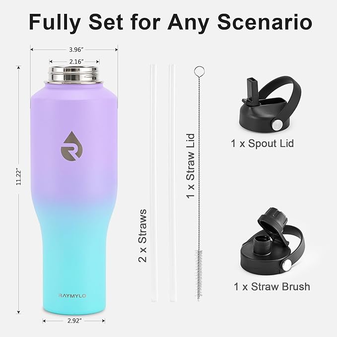 40 oz Insulated Water Bottle with Straw fit in Car Cup Holder, Triple Wall Vacuum Stainless Steel(Cold 48 hrs, Hot 24 hrs), Leakproof & Non-BPA, Hydro Travel Flask with Straw and Spout Lid