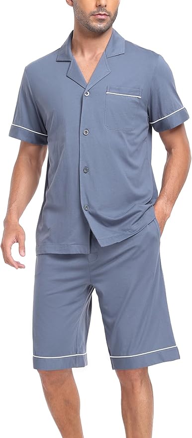 COLORFULLEAF Men's 100% Cotton Short Sleeve Pajama Sets Button Down Notched Collar Sleepwear Soft Lounge Pjs with Pockets