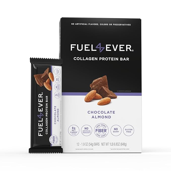 Fuel4Ever Collagen Protein Bars | 14G protein, Gluten Free, Dairy Free, No Stevia or Artificial Ingredients Added, Sweeteneed with Honey | Box of 12 Chocolate Almond Flavor