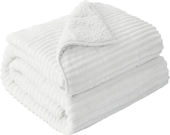 Sherpa Fleece Adult Weighted Blankets 20lbs with Ribbed Stripes, Dual Sided Fuzzy Warm Blanket for Couch Bed Sofa, Heavy Thick Blankets with Ceramic Beads Great for Sleep, White, 60" x 80"