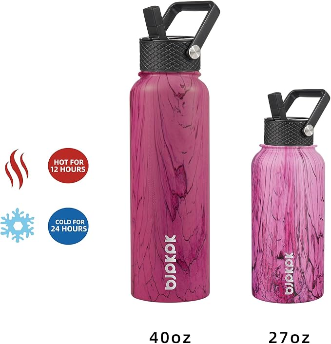 BJPKPK Insulated Water Bottles with Straw Lid, 27oz Stainless Steel Water Bottle with 3 Lids, Leak Proof BPA Free Metal Thermo, Mugs, Tumblers, Keep Cold Hot - Wood Pink