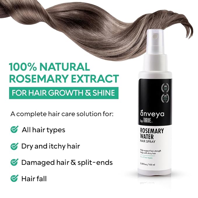 THRIVECO Anveya Rosemary Water Hair Spray | Natural Rose mary Extract, Rice Water & Hyaluronic Acid | Rosemary Water Spray for Hair Growth, Control & Hair Care | Hair Spume to Shine & nourish |100ml