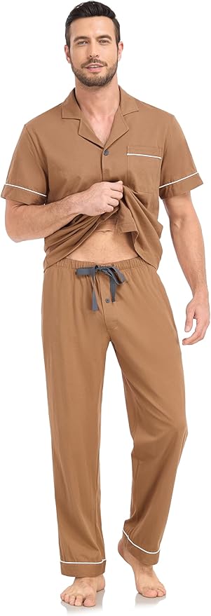 COLORFULLEAF Men's 100% Cotton Pajamas Set Button Down Sleepwear Short Sleeve and Long Pants Pjs
