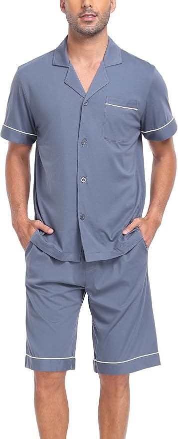 COLORFULLEAF Men's 100% Cotton Short Sleeve Pajama Sets Button Down Notched Collar Sleepwear Soft Lounge Pjs with Pockets