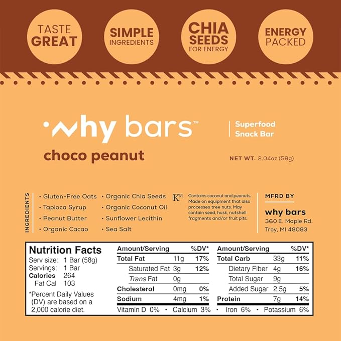 Why Bars, Protein Bars, Chocolate Peanut Butter, 2.04 Ounce Bars (Pack of 12 Protein Bars) - Protein Bar Superfood, Gluten Free, Non GMO, Organic, Vegan, Simple Ingredients