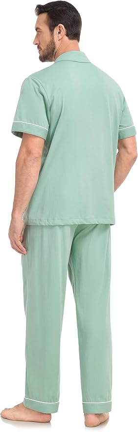 COLORFULLEAF Men's 100% Cotton Pajamas Set Button Down Sleepwear Short Sleeve and Long Pants Pjs