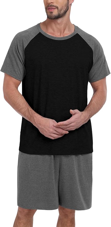 Mens Pajama Set Summer Pjs Sleepwear Lightweight Short Sleeve Pjs Soft Comfy Sleep Set With Pocket