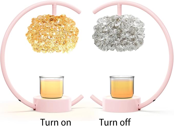 Pink Candle Warmer Lamp for Jar Candles with Adjustable Brightness&Timer,Handcrafted Crystal&Wooden Base,Candle Lamp Luxurious Design+2Bulbs,Home Decoration Electric Candle lamp(C-Shaped)