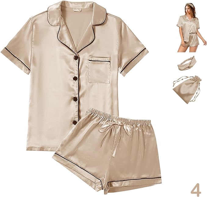 4Pcs Womens Satin Silky Pajama Sets Short Sleeve Shirt XS-4XL Floral Pajamas Set Soft PJ Loungewear Sleepwear