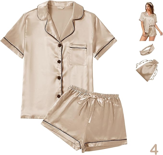 4Pcs Womens Satin Silky Pajama Sets Short Sleeve Shirt XS-4XL Floral Pajamas Set Soft PJ Loungewear Sleepwear