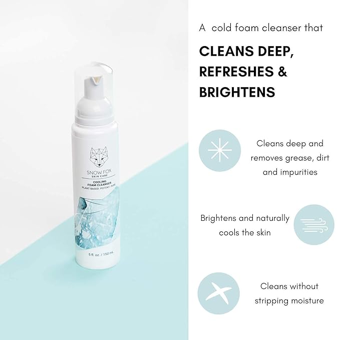 Snow Fox Skin Care Cooling Foam Cleanser - SLS- Free Face Wash with Organic Aloe Vera & Peppermint Water - Gentle< Non _ Drying Formula for Oily, Combination & Sensitive Skin - 5oZ