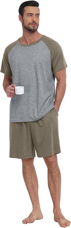 Mens Pajama Set Summer Pjs Sleepwear Lightweight Short Sleeve Pjs Soft Comfy Sleep Set With Pocket