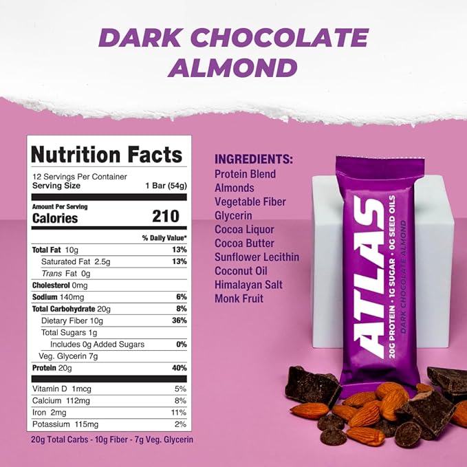 Atlas Protein Bar, 20g Protein, 1g Sugar, 0g Seed Oils, Clean Ingredients, Gluten Free - Dark Chocolate Almond, 12 Count