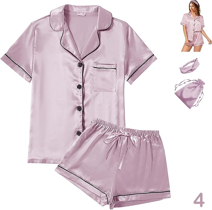 4Pcs Womens Satin Silky Pajama Sets Short Sleeve Shirt XS-4XL Floral Pajamas Set Soft PJ Loungewear Sleepwear