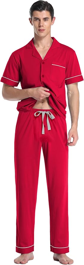 COLORFULLEAF Men's 100% Cotton Pajamas Set Button Down Sleepwear Short Sleeve and Long Pants Pjs