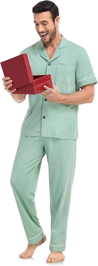 COLORFULLEAF Men's 100% Cotton Pajamas Set Button Down Sleepwear Short Sleeve and Long Pants Pjs