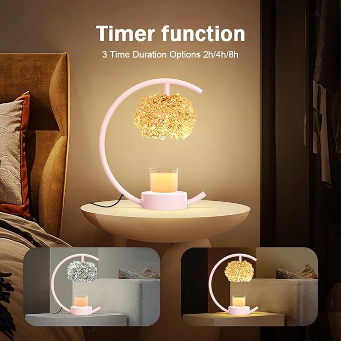 Pink Candle Warmer Lamp for Jar Candles with Adjustable Brightness&Timer,Handcrafted Crystal&Wooden Base,Candle Lamp Luxurious Design+2Bulbs,Home Decoration Electric Candle lamp(C-Shaped)