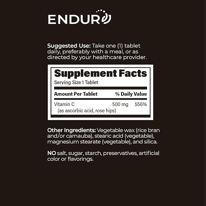 Endur ENDUR-C Vitamin C with Rose HIPS, Supports Collagen Production, Antioxidant Protection & Gentle Digestion, Gluten Free, 500mg (200 Tablets)